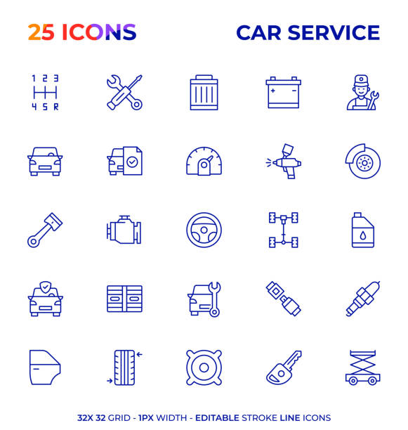 car service editable stroke line icon serie - vehicle breakdown hood car oil change stock-grafiken, -clipart, -cartoons und -symbole
