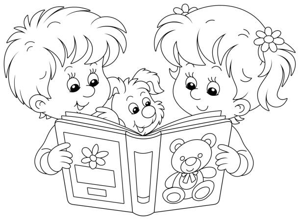 ilustraciones, imágenes clip art, dibujos animados e iconos de stock de niños pequeños leyendo un libro interesante - niña y niño libro para colorear