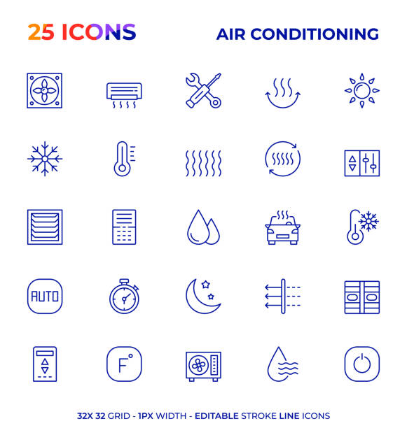 illustrations, cliparts, dessins animés et icônes de série d’icônes de ligne de trait modifiable de climatisation - radiator