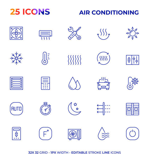 Air Conditioning Editable Stroke Line Icon Series Air Conditioning Vector Style Editable Stroke Line Icon Set radiator stock illustrations