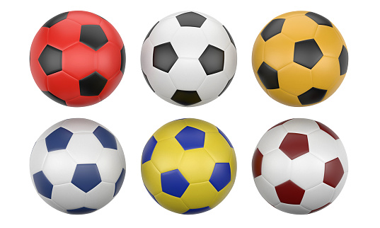 Soccer balls at different angles and in different colors on white background. Football Concept.