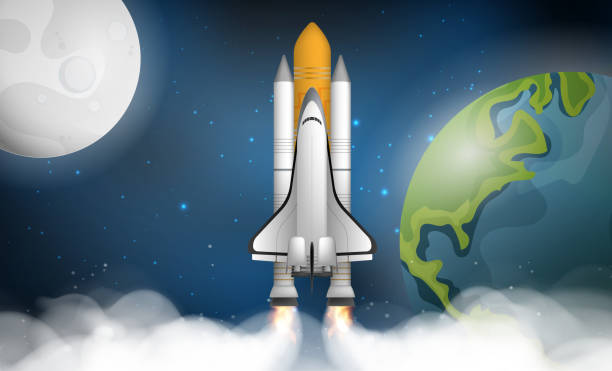 istock A rocket or shuttle flies through space against the background of space, the planet earth and the moon. Cute template with spaceship, rocket, moon, stars in outer space. Vector illustration. 1352813231