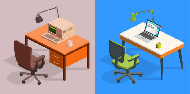 place of work - old and new vector art illustration