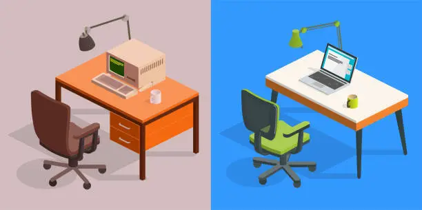 Vector illustration of place of work - old and new