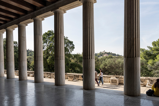 Athens, Greece. November 2021. panoramic view of the external colonnade of the Agora museum building in the city center