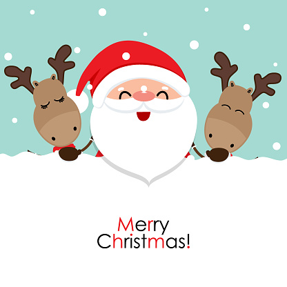 Holiday Christmas greeting card with Santa Claus, and reindeer. Vector illustration.