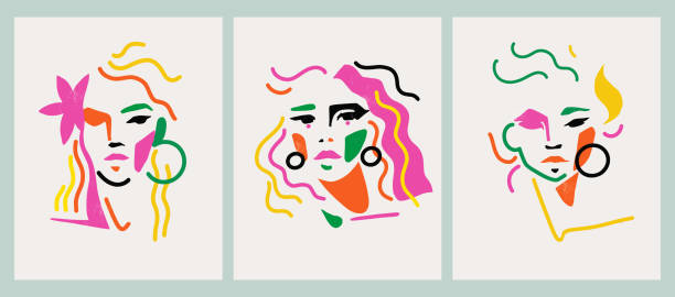 ilustraciones, imágenes clip art, dibujos animados e iconos de stock de rostros femeninos modernos abstractos dibujados a mano en una paleta de colores vibrantes. conjunto de elegantes estampados gráficos contemporáneos minimalistas con mujeres abstractas. - armas de mujer ilustraciones