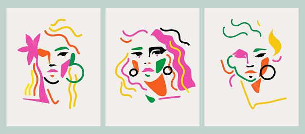 Abstract hand drawn modern trendy female faces in vibrant color palette.