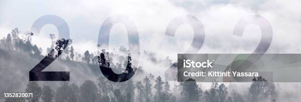 New Year 2022 Word On Landscape Natural Scene Of Pine Tree Forests In The Morning With Fog And Misty On The Pine Tree At Cemoro Lawang Of Bromo Mountain Indonesia 2022 Concept Abstract Background Stok Fotoğraflar & Semeru Dağı‘nin Daha Fazla Resimleri