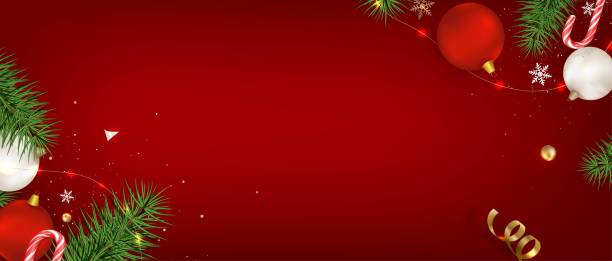 istock New Year and Christmas horizontal composition. Flat lay design with Christmas decoration on red.Top view. vector 1352820333