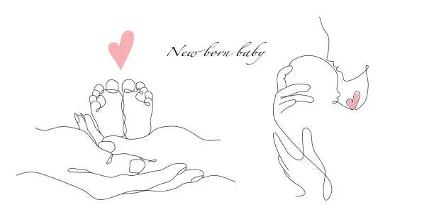 Vector illustration of Vector one line art set of illustrations of a new born baby heels and mother holding a new born baby. Lineart family portret