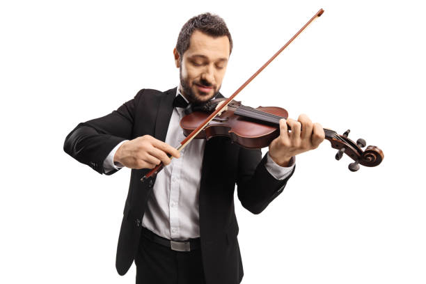 close up shot of a smiling elegant man playing a violin - violinista imagens e fotografias de stock