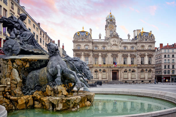 Place des Terreaux square in Lyon Fontaine Bartholdi and Lyon City Hall on the Place des Terreaux square in Lyon, France. World Heritage Site by UNESCO. town hall government building photos stock pictures, royalty-free photos & images