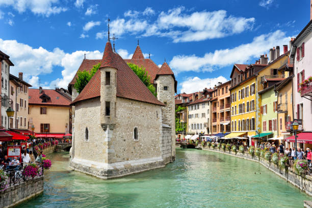 Palais de l’Ile on Thiou river was built on a natural rocky island as a prison in the 12th century in Annecy, France