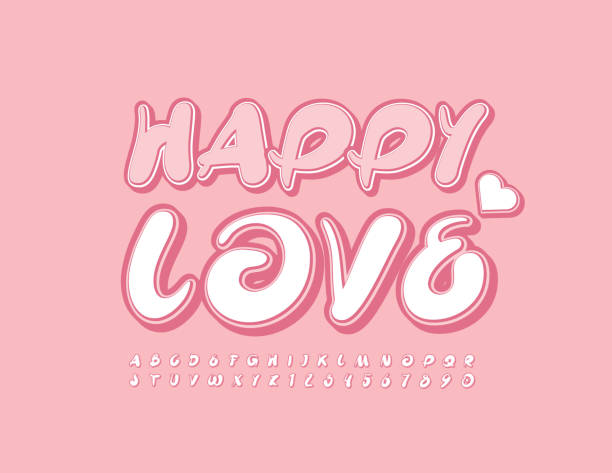 wektorowy zabawny plakat happy love z dekoracyjnym sercem. zestaw odręcznych liter i cyfr alfabetu - happy holidays stock illustrations