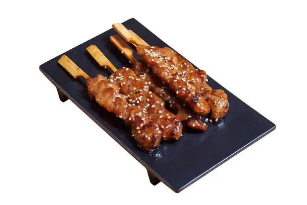 Overhead view on Yakitori on plate isolated on white with clipping path