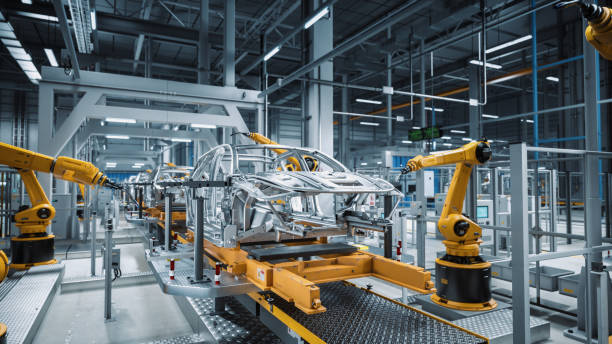 Car Factory 3D Concept: Automated Robot Arm Assembly Line Manufacturing High-Tech Green Energy Electric Vehicles. Automatic Construction, Building, Welding Industrial Production Conveyor. concepto 3d de fábrica de automóviles: línea de ensamblaje de brazo robótico automatizado fabricación de vehículos eléctricos de energía verde de alta tecnología. construcción automática, construcción, soldadura transportador de producción ind