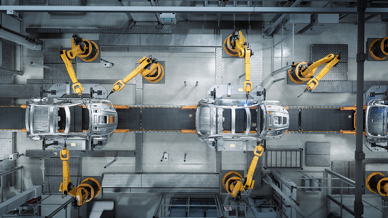Aerial Car Factory 3D Concept: Automated Robot Arm Assembly Line Manufacturing Advanced High-Tech Green Energy Electric Vehicles. Construction, Building, Welding Industrial Production Conveyor