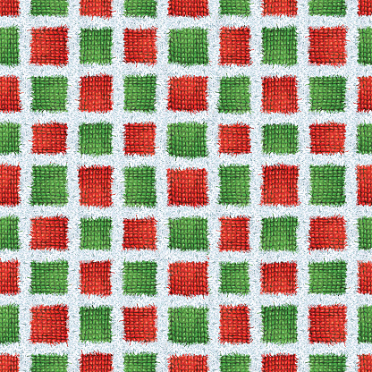 Hand drawn Seamless Vintage Scandinavian Style Christmas Colors Red and Green, Handmade Knitted Fur Trim yarn geometric pattern. Gift paper, cards, background.