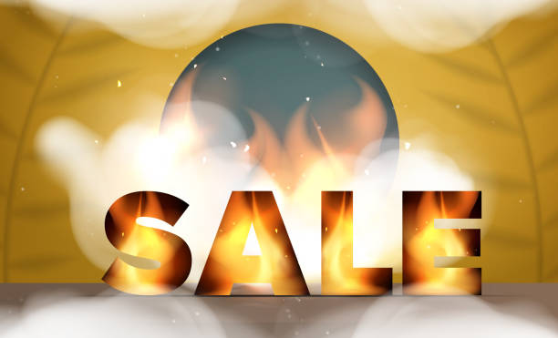 istock Sale banner. SALE lettering with fire inside. Yellow room with design background and empty shelf. Yellow studio background space with leaf shadows. Vector. Realistic style. 1352829217