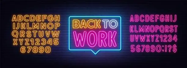 Vector illustration of Back to Work neon lettering on brick wall background.
