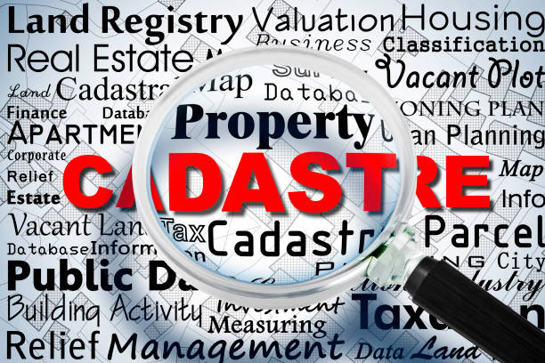 istock Cadastre infographic concept with text about the most relevant keywords - Concept seen through a magnifying glass 1352830766