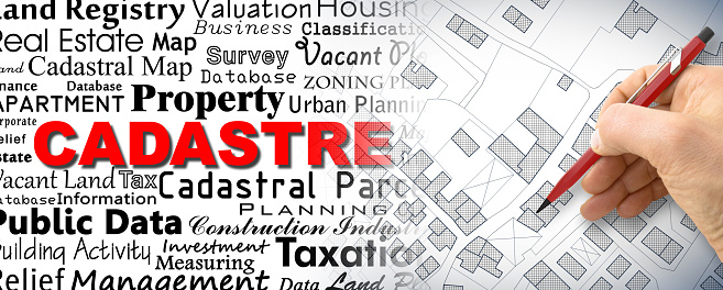 Cadastre infographic concept with text about the most relevant keywords and imaginary cadastral map