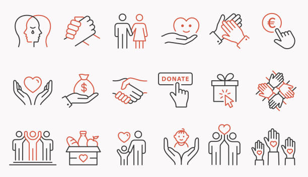 zestaw ikon linii charytatywnej. kolekcja uścisków dłoni, darowizn, dłoni, pomocy i innych. edytowalny obrys. - community stock illustrations