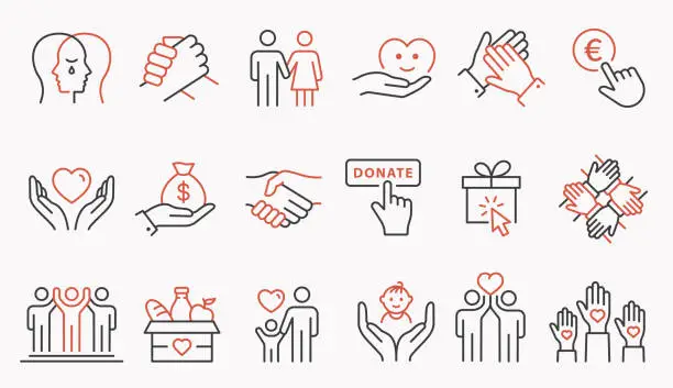 Vector illustration of Charity line icon set. Collection of handshake, donate, hand, help and more. Editable stroke.