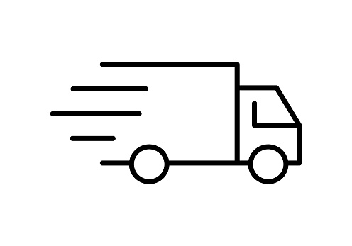 Fast shipping idea. Moving vehicle with lines symbolizing speed. Freight transport services. Vector illustration, flat, clip art.