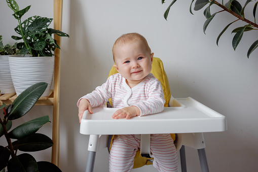 A smiling baby sitting in highchair next to home plants. Learning world. Home gardening and infant.
