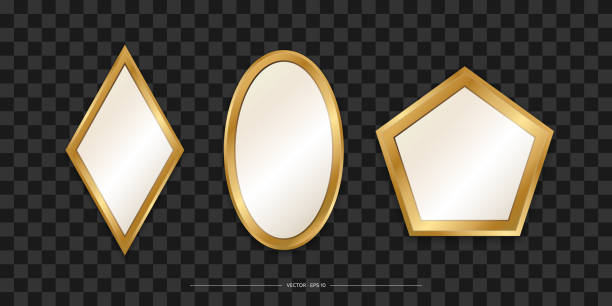 istock Set of Mirrors with a gold frame. Realistic design for interior furniture. Reflective glass surfaces. Vector illustration. 1352833530