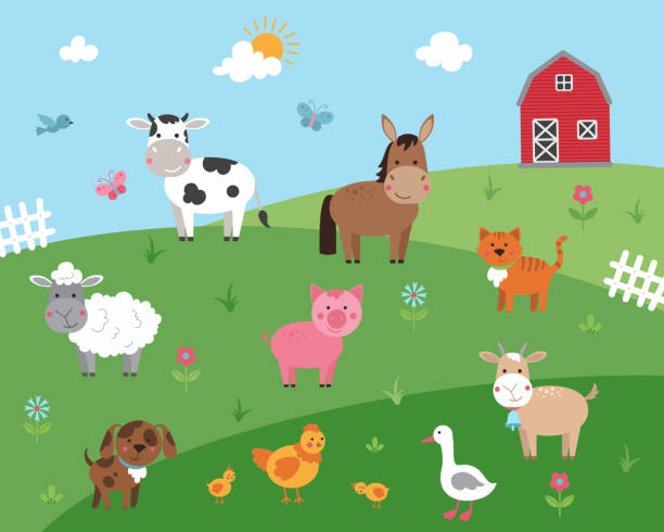 Cartoon illustration with farm animals. Cartoon illustration of rural scene with farm animals. cow clipart stock illustrations