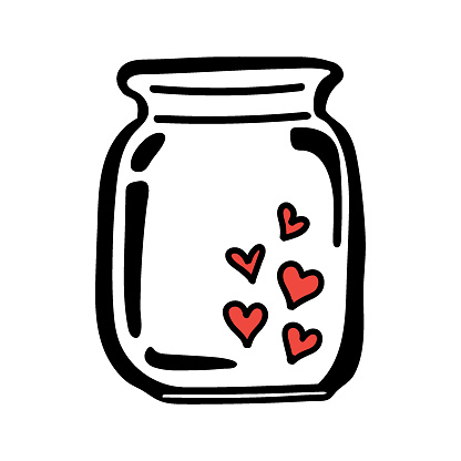 Glass jar with hearts. Happy Valentines day hand-drawn decorations. Vector illustration in doodle style.