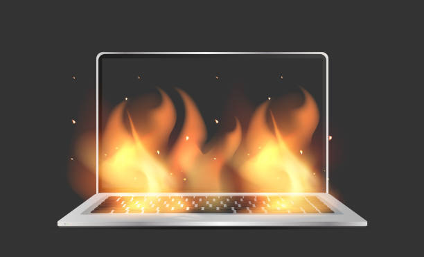 istock The laptop is on fire. Element for the design of advertising posters and banners on the theme of mobile equipment repair. Vector. Realistic style. 1352842870