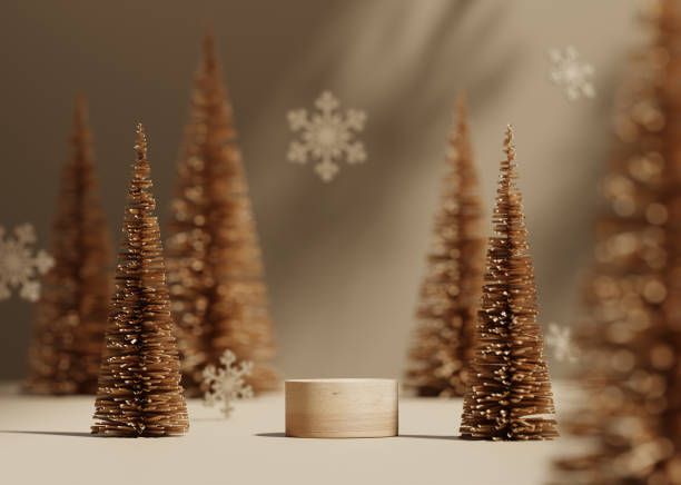 3D podium display, Christmas tree background for product. Nature Christmas beige backdrop with wood stand. Pedestal wooden realistic showcase. Brown, studio abstract, winter 3D render.