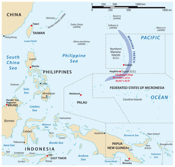 ilustrações, clipart, desenhos animados e ícones de mapa de posição da trincheira mariana na oceania - saipan