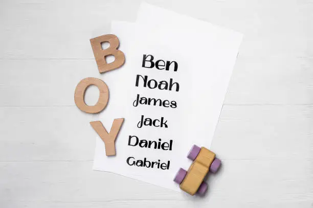 Photo of List of baby names, toy and wooden letters on white table, flat lay