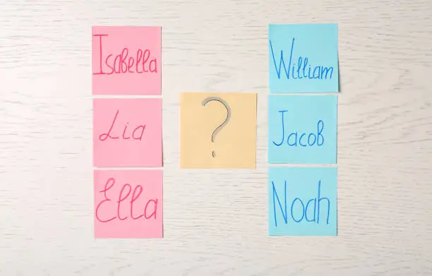 Photo of Colorful sticky notes with written baby names on white wooden background, flat lay