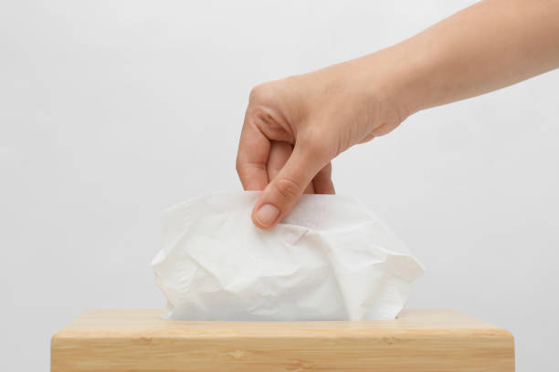 istock Woman taking paper tissue from holder on light background, closeup 1352844586