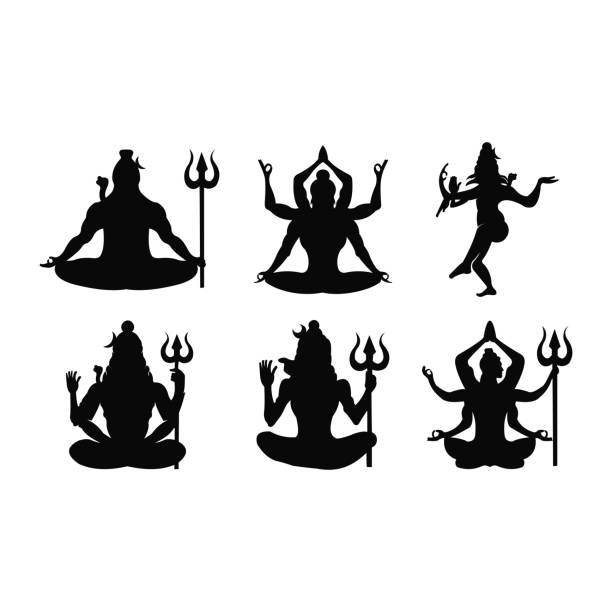 silhouette God Shiva Hinduism in India silhouette God Shiva Hinduism in India along with Brahma and Vishnu triad in the divine and supreme god in Saivism radha krishna stock illustrations