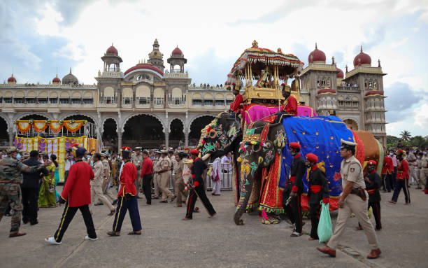 el elefante real en traje tradicional llevando el howdah dorado con el ídolo de la diosa chamundeshwari en el carnaval de dasara en el palacio de mysore, india. - mysore fotografías e imágenes de stock