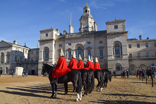 London, UK - November 11 2021. The Household Cavalry Mounted Regiment at Horse Guards Parade on Remembrance Day.