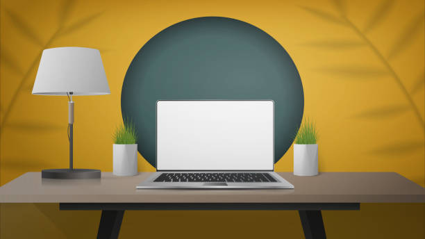 istock Yellow room with work desk, laptop, lamp and houseplants. Laptop with a white screen. Vector illustration, realistic style. 1352850805