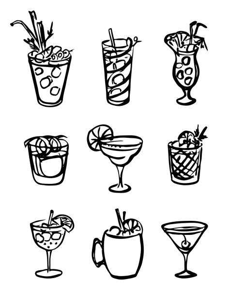 ilustrações de stock, clip art, desenhos animados e ícones de collection set of icon hand-drawn doodle cartoon style vector illustration. various alcohol cocktail glasses high ball martini margarita old fashioned moscow mule. for card, poster or bar menu recipe - vector alcohol cocktail highball glass