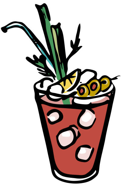 stockillustraties, clipart, cartoons en iconen met stylish hand-drawn ink style ice cold fresh salty tomato bloody mary garnished with olives, celery and slice of lemon. goof for cocktail party card, invitations, posters, bar menu or cook book recipe - green friday