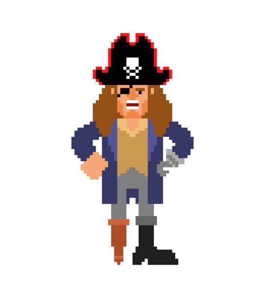 illustrazioni stock, clip art, cartoni animati e icone di tendenza di pixel art pirata. filibuster 8 bit. bucaniere pixelato - buccaneer