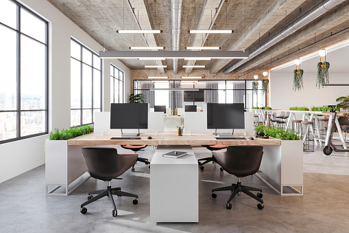 Modern open plan office space interior. Large desk, compuers, chairs, plant, concrete floor, window, LED lights. Template for copy space. Render.