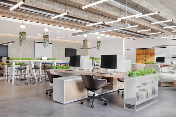 Modern open plan office space interior Modern open plan office space interior. Desks, computers, armchairs, shelf, plant, concrete ceiling, LED lights. Template for copy space. Render. office life stock pictures, royalty-free photos & images