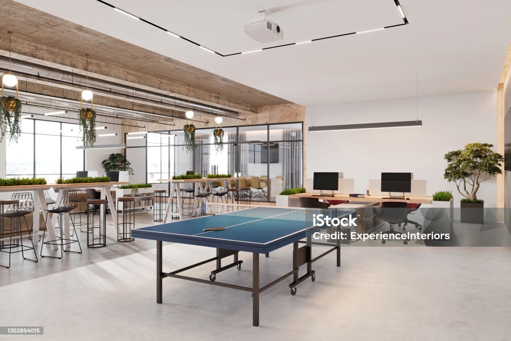 Modern open plan office space interior Modern open plan office space interior. Tennis table, desks, chairs, computers, projector, concrete ceiling, and LED lights. Template for copy space. Render. Office Stock Photo